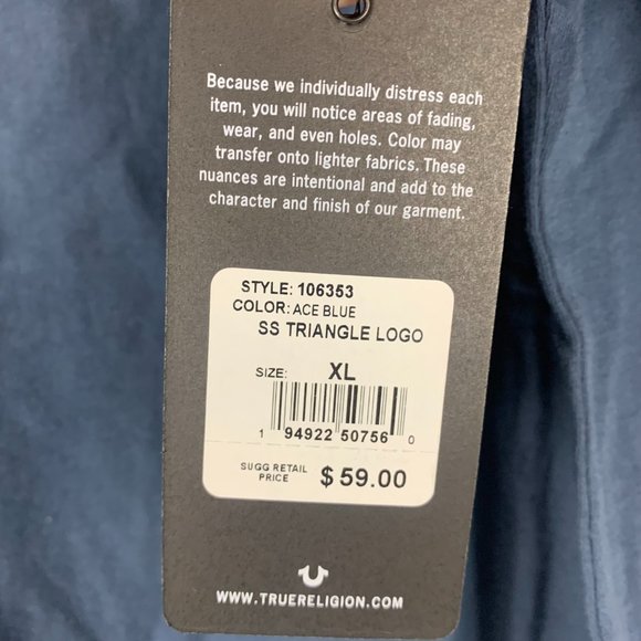 NWT Mens True Religion XL Short Sleeve Triangle T-Shirt Navy Blue and Gold - Picture 2 of 6